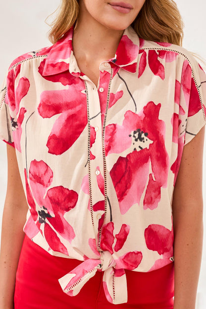 Flowing blouse with vibrant floral print and tie-front – Tribal 2084O-8134