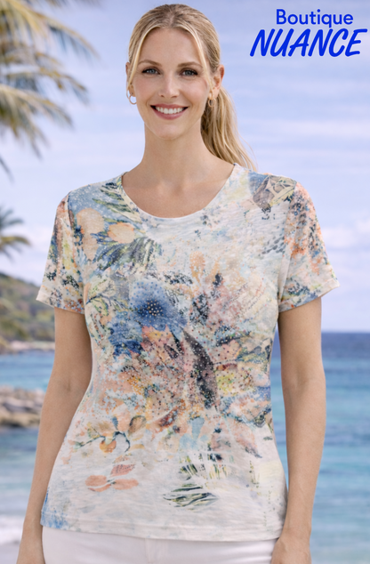 T-shirt à imprimé feuillage artistique et détails scintillants – Beta’s Choice #217353