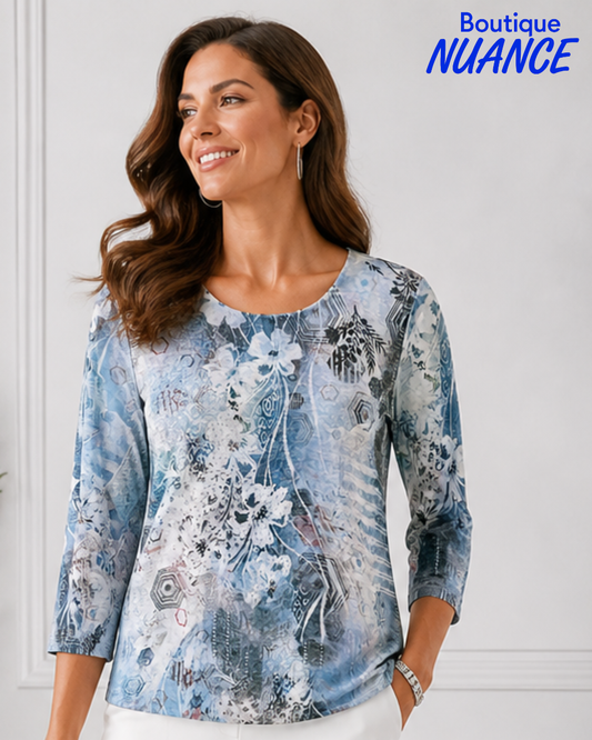 Round neck top in shades of blue with a graphic print – Beta’s Choice #217355