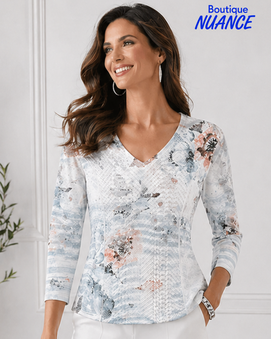 V-neck top with central embroidery and abstract print – Beta's Choice #217361