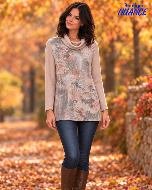 Tunique en tricot métallisé à imprimé feuillage et animalier – Beta’s Choice #217561