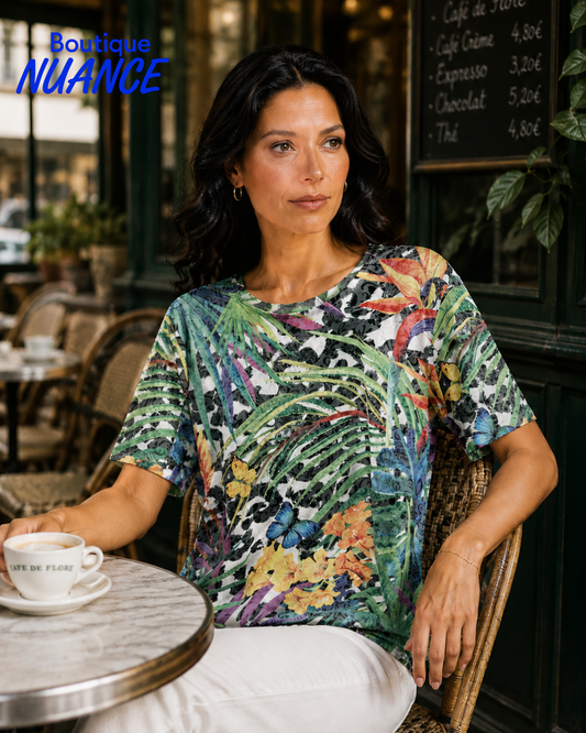T-shirt à imprimé exotique luxuriant et détails lumineux – Beta’s Choice #220136