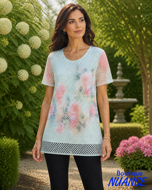 Openwork tunic in honeycomb knit and abstract floral print – Beta’s Choice #220137