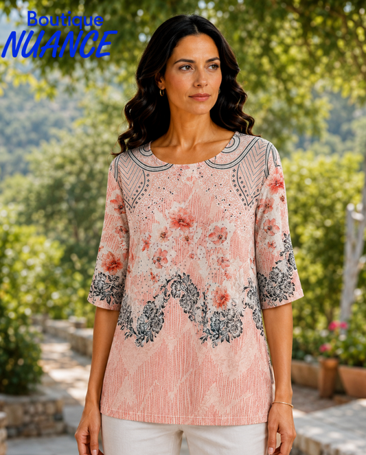 T-shirt à imprimé floral ornemental et nuances corail – Beta’s Choice #220151
