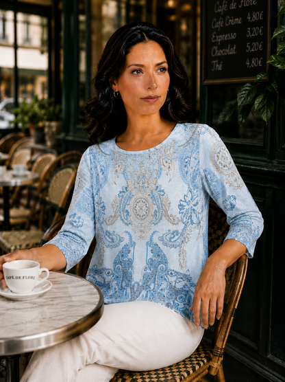 Refined Ornamental Print Top and Bright Blue Hues – Beta’s Choice #220155