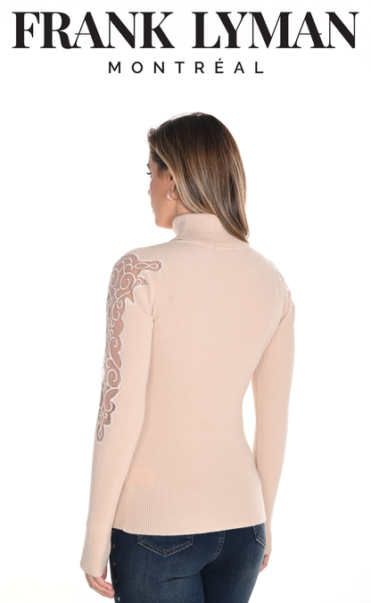 Tricot beige à manches longues et détails en filet sur les manches, par Frank Lyman #243438U