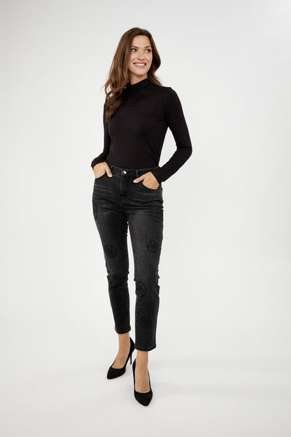 Pantalon en denim noir avec motifs floraux sur les jambes, par Frank Lyman #244628U