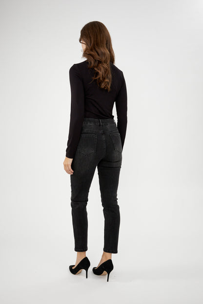 Pantalon en denim noir avec motifs floraux sur les jambes, par Frank Lyman #244628U