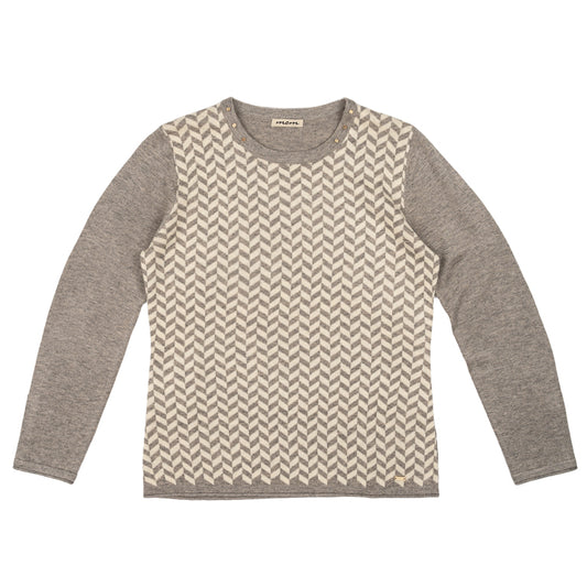 Chandail beige à motifs et col rond avec bijoux décoratifs, par MCM #24522