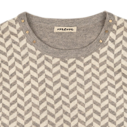 Beige sweater with patterned design and round neck featuring decorative jewelry, by MCM #24522