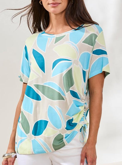 Haut fluide à imprimé floral abstrait et fronce latérale ajustable – Tribal #2498O-3457