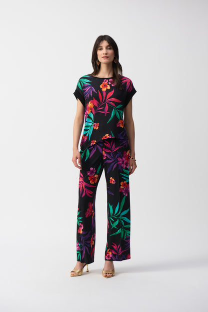 Boxy top in silky knit and tropical print georgette, by Joseph Ribkoff #251214