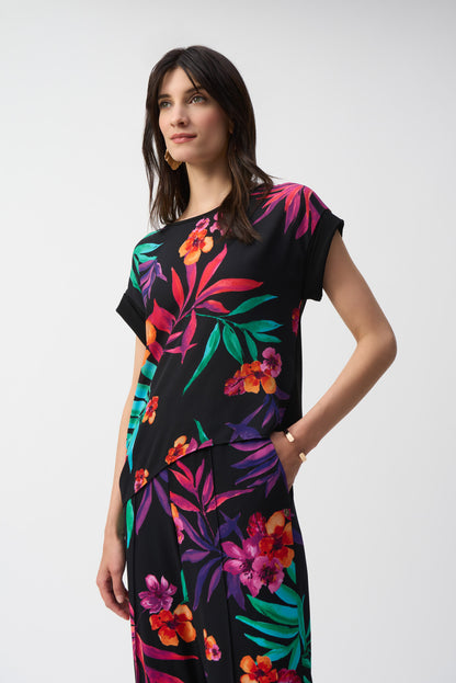 Boxy top in silky knit and tropical print georgette, by Joseph Ribkoff #251214