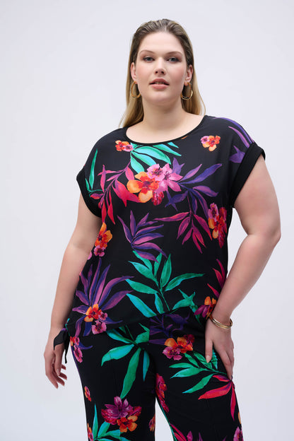 Boxy top in silky knit and tropical print georgette, by Joseph Ribkoff #251214