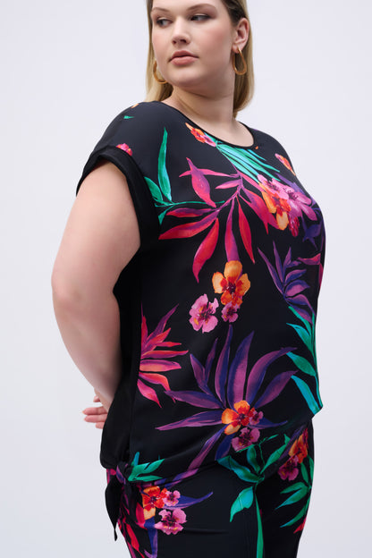 Boxy top in silky knit and tropical print georgette, by Joseph Ribkoff #251214
