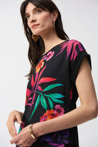 Boxy top in silky knit and tropical print georgette, by Joseph Ribkoff #251214