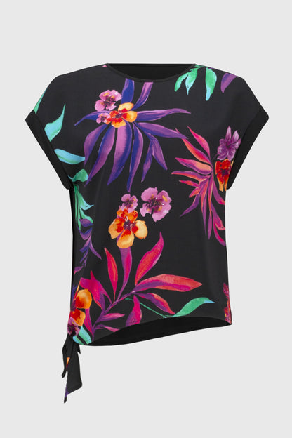 Boxy top in silky knit and tropical print georgette, by Joseph Ribkoff #251214