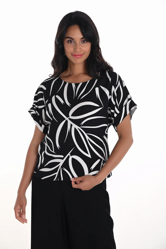 Black top with beige foliage pattern, by Frank Lyman #251280