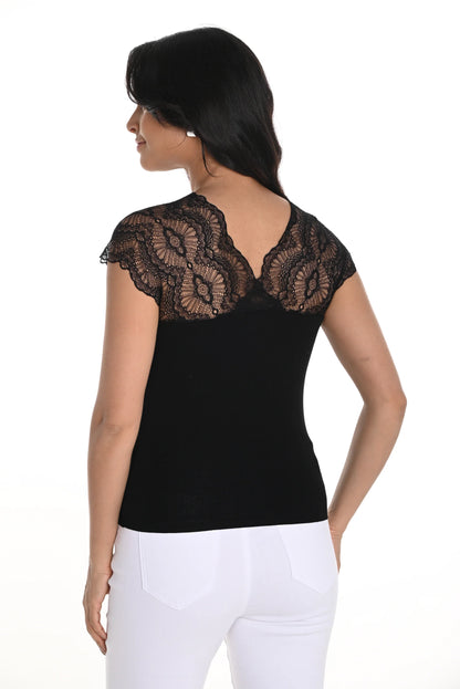 V-neck knit top with lace shoulders and sleeves by Frank Lyman #256725U