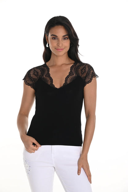 V-neck knit top with lace shoulders and sleeves by Frank Lyman #256725U