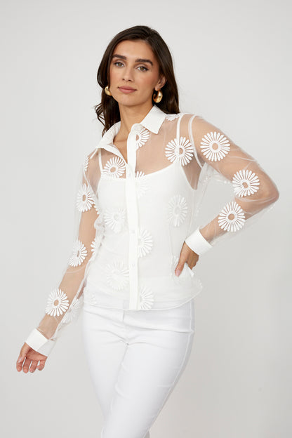 Off-white sheer blouse with embroidered flowers by Frank Lyman #256765U