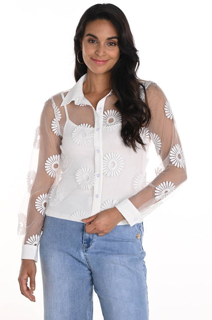 Off-white sheer blouse with embroidered flowers by Frank Lyman #256765U