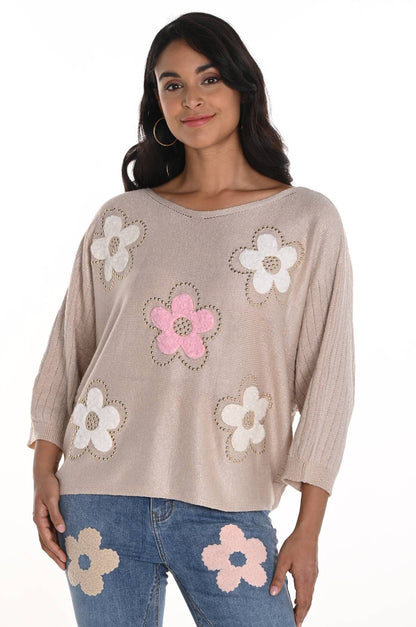 Haut en tricot beige rosé (blush) à appliqués floraux, par Frank Lyman #256767U