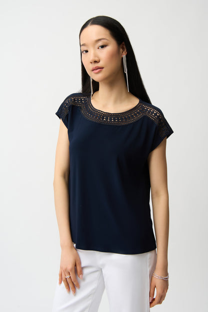 Straight-cut top in silky knit with guipure lace at the neckline - Joseph Ribkoff #261200