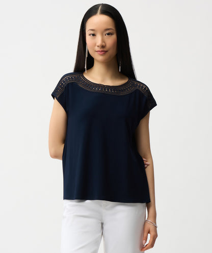 Straight-cut top in silky knit with guipure lace at the neckline - Joseph Ribkoff #261200