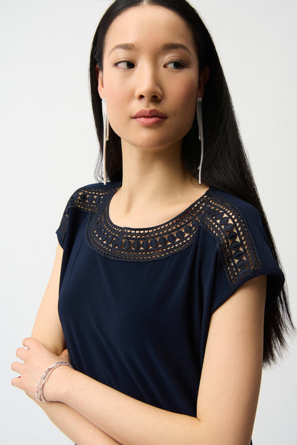 Straight-cut top in silky knit with guipure lace at the neckline - Joseph Ribkoff #261200