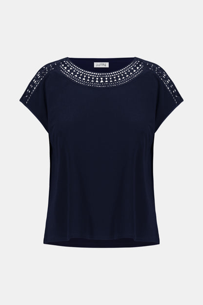 Straight-cut top in silky knit with guipure lace at the neckline - Joseph Ribkoff #261200