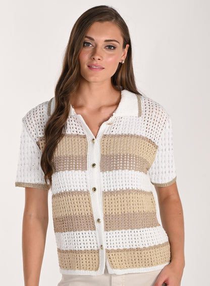 Sparkling Openwork Knit Cardigan with Polo Collar – Frank Lyman #261629