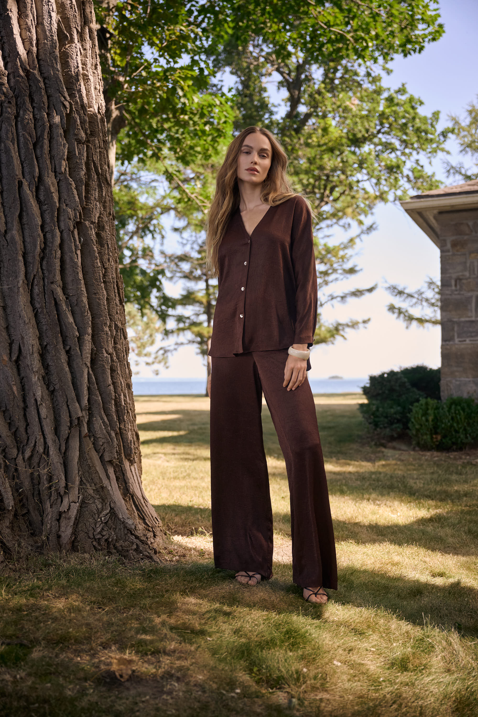 Pantalon Femme Coldwater Creek Lin Et Rayonne, Large, Taille élastique, Marron, Taille L, Neuf