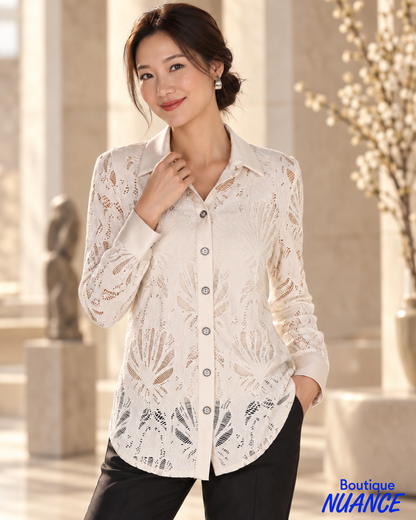 Openwork knit blouse with lace effect and satin details – Frank Lyman #263484