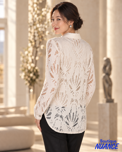 Openwork knit blouse with lace effect and satin details – Frank Lyman #263484