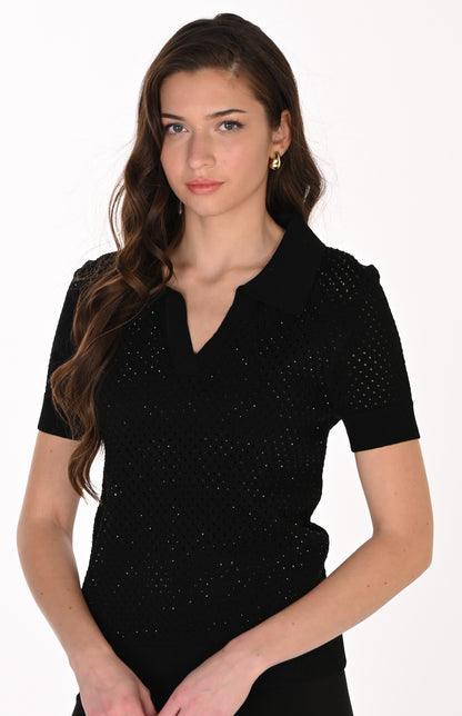 Sparkle Detail Pointelle Knit Polo Top – Frank Lyman #263732