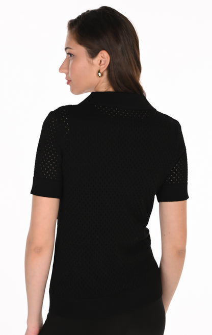 Sparkle Detail Pointelle Knit Polo Top – Frank Lyman #263732