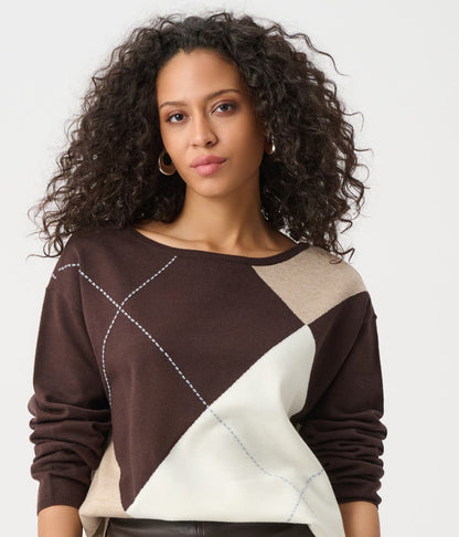 Pull ras-du-cou en tricot de viscose brossée à motif argyle - Joseph Ribkoff #263948