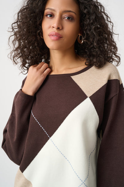 Pull ras-du-cou en tricot de viscose brossée à motif argyle - Joseph Ribkoff #263948