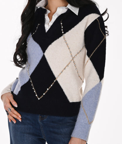 Argyle sweater with rhinestones and shirt collar – Frank Lyman #264853