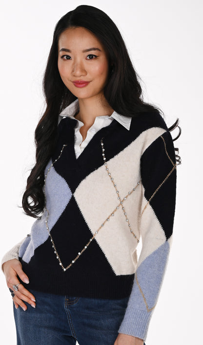 Argyle sweater with rhinestones and shirt collar – Frank Lyman #264853