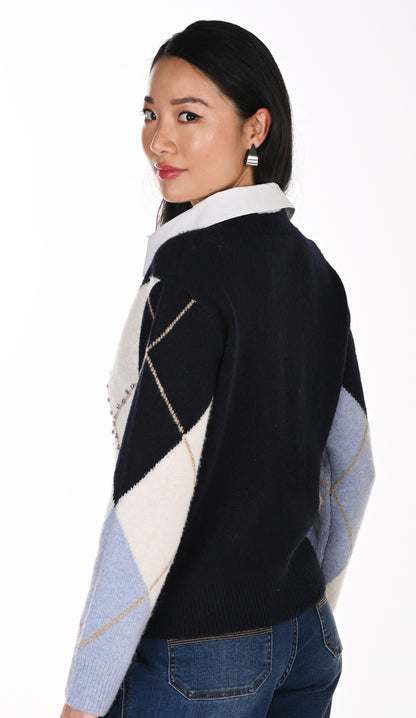 Argyle sweater with rhinestones and shirt collar – Frank Lyman #264853