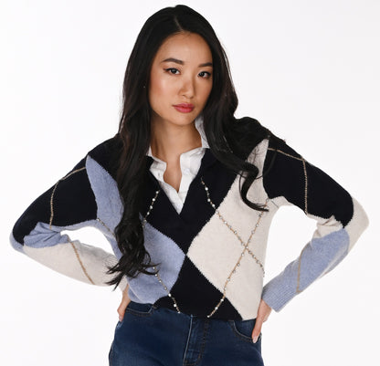 Argyle sweater with rhinestones and shirt collar – Frank Lyman #264853