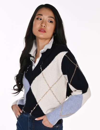 Argyle sweater with rhinestones and shirt collar – Frank Lyman #264853