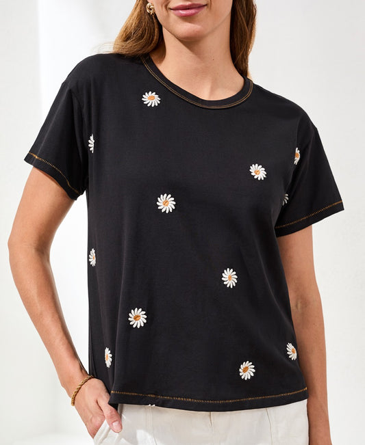 T-shirt noir à broderies marguerite et coutures contrastantes – Tribal #3043O-8451