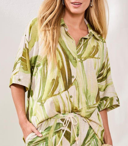 Chemisier à imprimé feuillage abstrait et col chemisier brodé – Tribal #3069O-8393