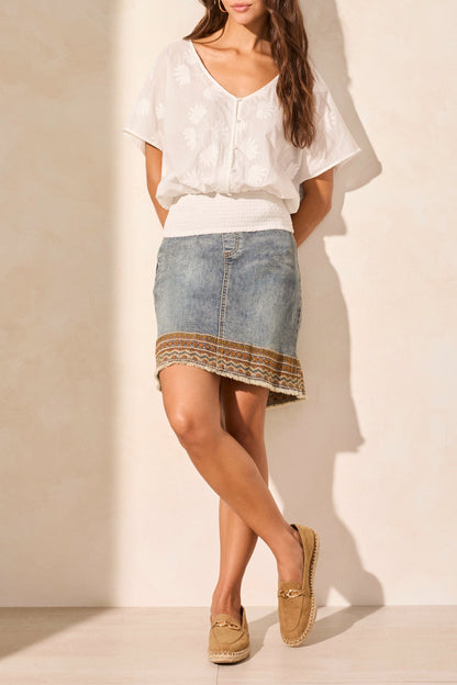 Blouse with tone-on-tone embroidered pattern, V-neck, by Tribal #5842O-5308