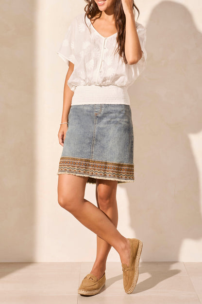 Blouse with tone-on-tone embroidered pattern, V-neck, by Tribal #5842O-5308