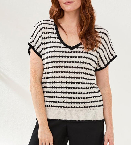 Tricot rayé noir et blanc à encolure en V et manches dolman – Tribal #6193O-5196