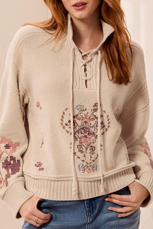 Tricot à col montant modulable et broderies florales #6335O-5619 - Tribal